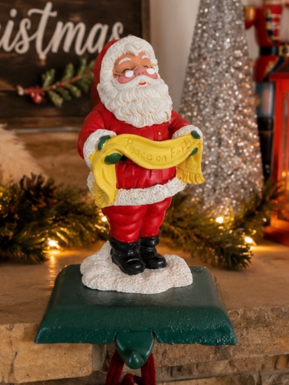 TWO - Potpourri 1992 Christmas Stocking Hangers Holder Santa Peace Cast Iron